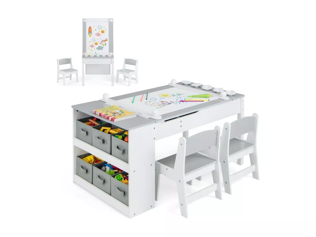 2 en 1 table à dessin et 2 chaises enfants avec plateau inclinable, charge 91/75kg (gris)