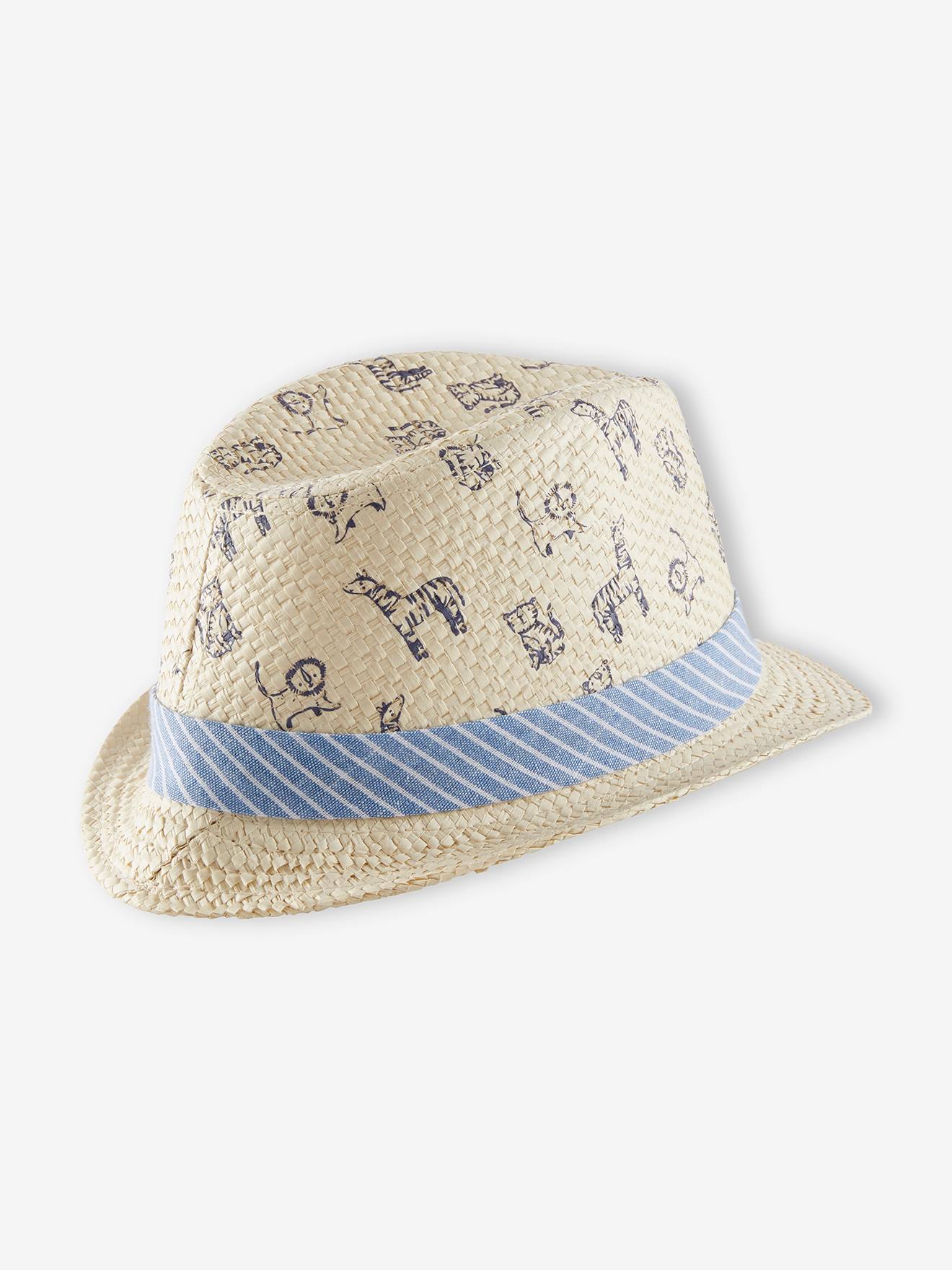 Chapéu Borsalino de palha para meninos, certificado Oeko Tex®, bege claro com estampa.