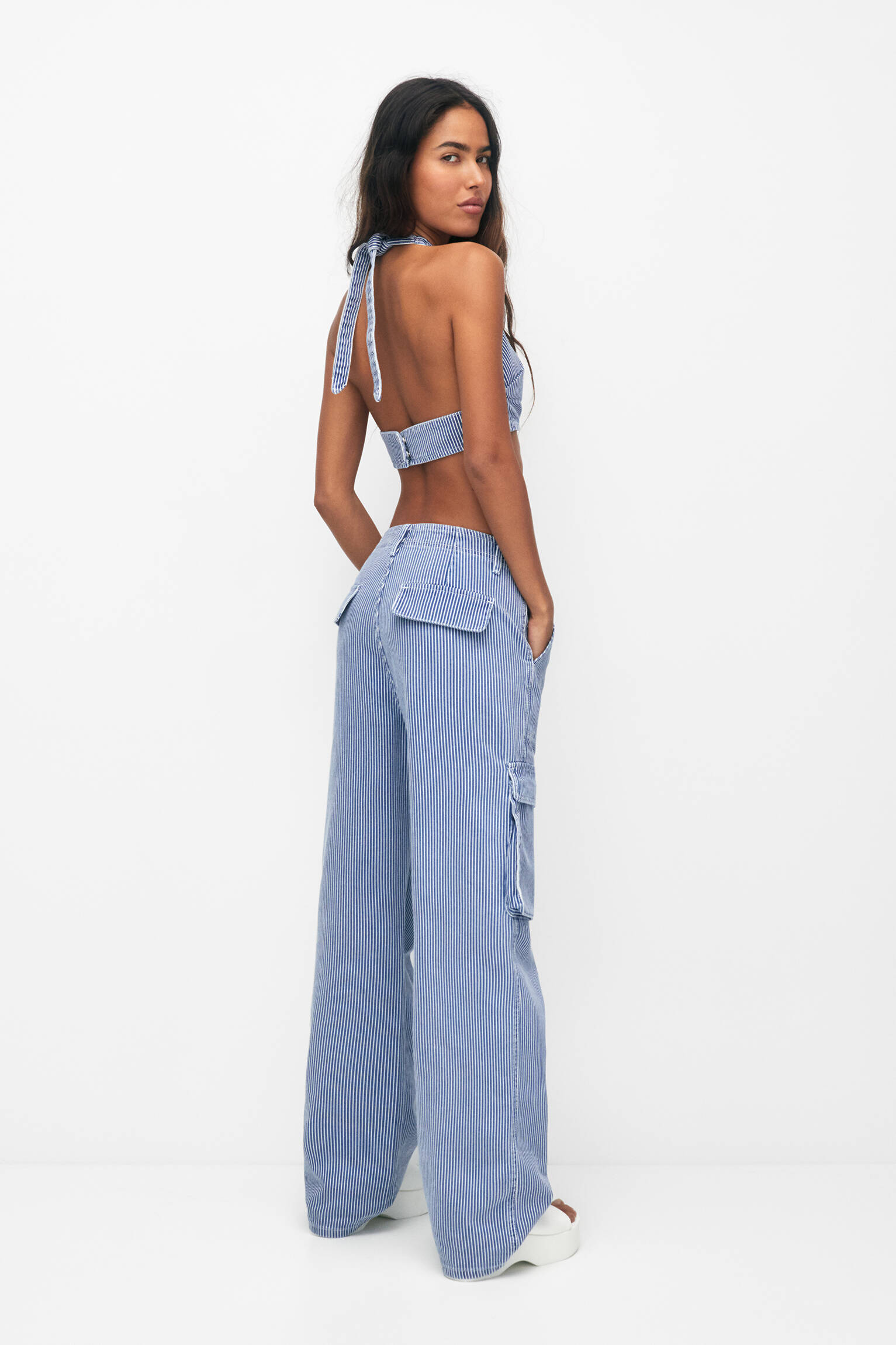 Calça cargo listrada - azul/branca