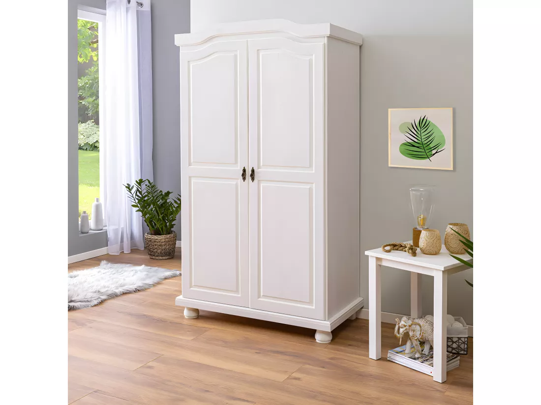 SYDNEY - Armoire 2 Portes + Penderie Bois Massif Vernis Blanc