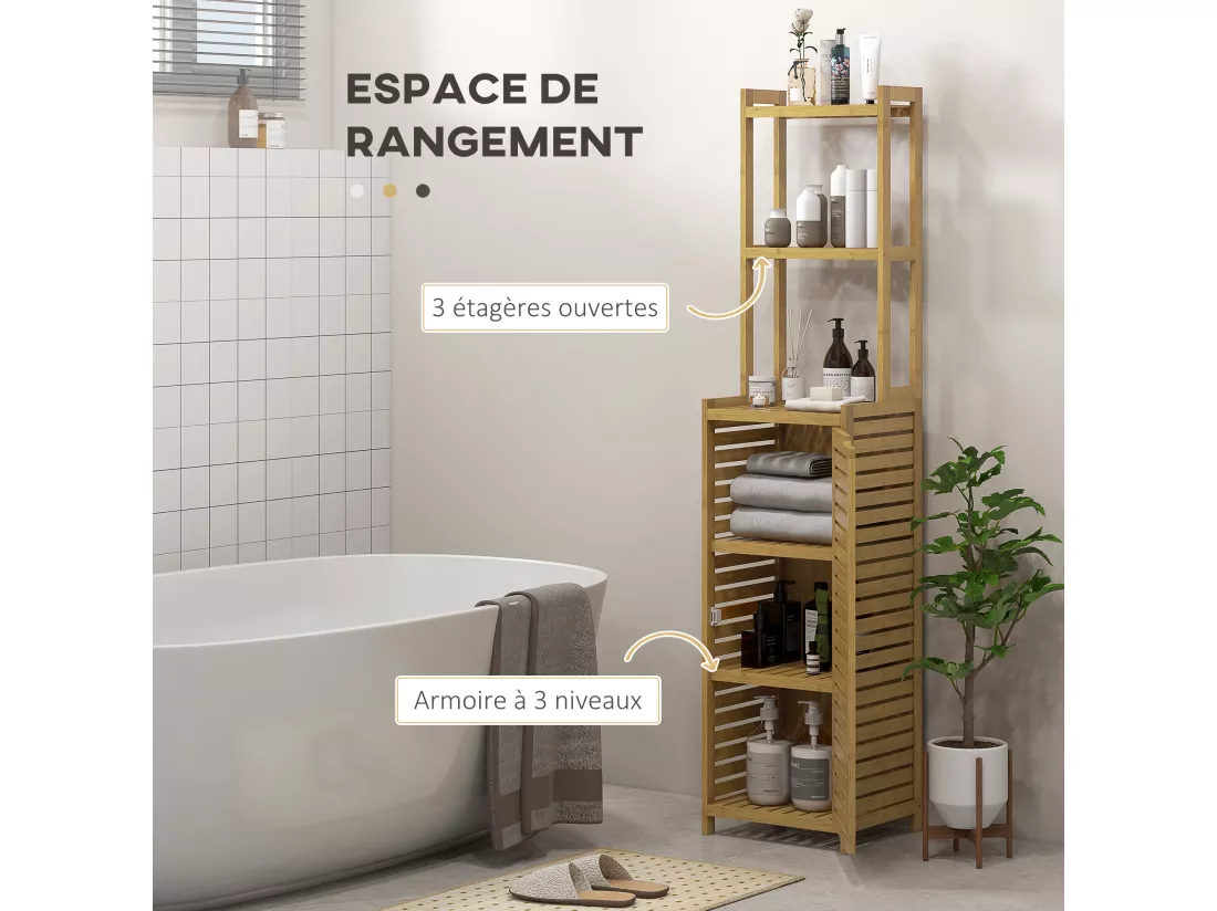 Meuble colonne salle de bain style naturel porte niche 4 étagères bambou
