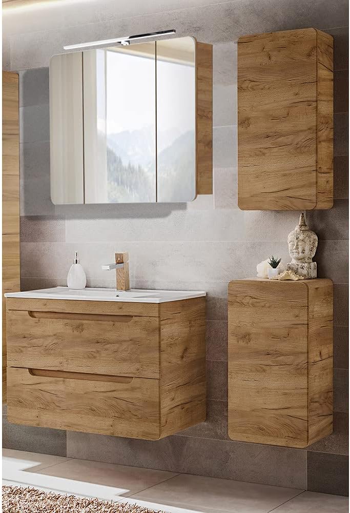 Lomadox Badezimmermöbel Set mit 81 cm Waschtisch LED-Spiegelschrank Hängeschrank Unterschrank Wotan Eiche Nb.