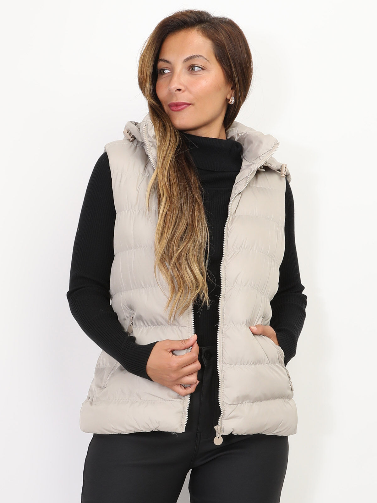 Doudoune sans manches à capuche- Beige