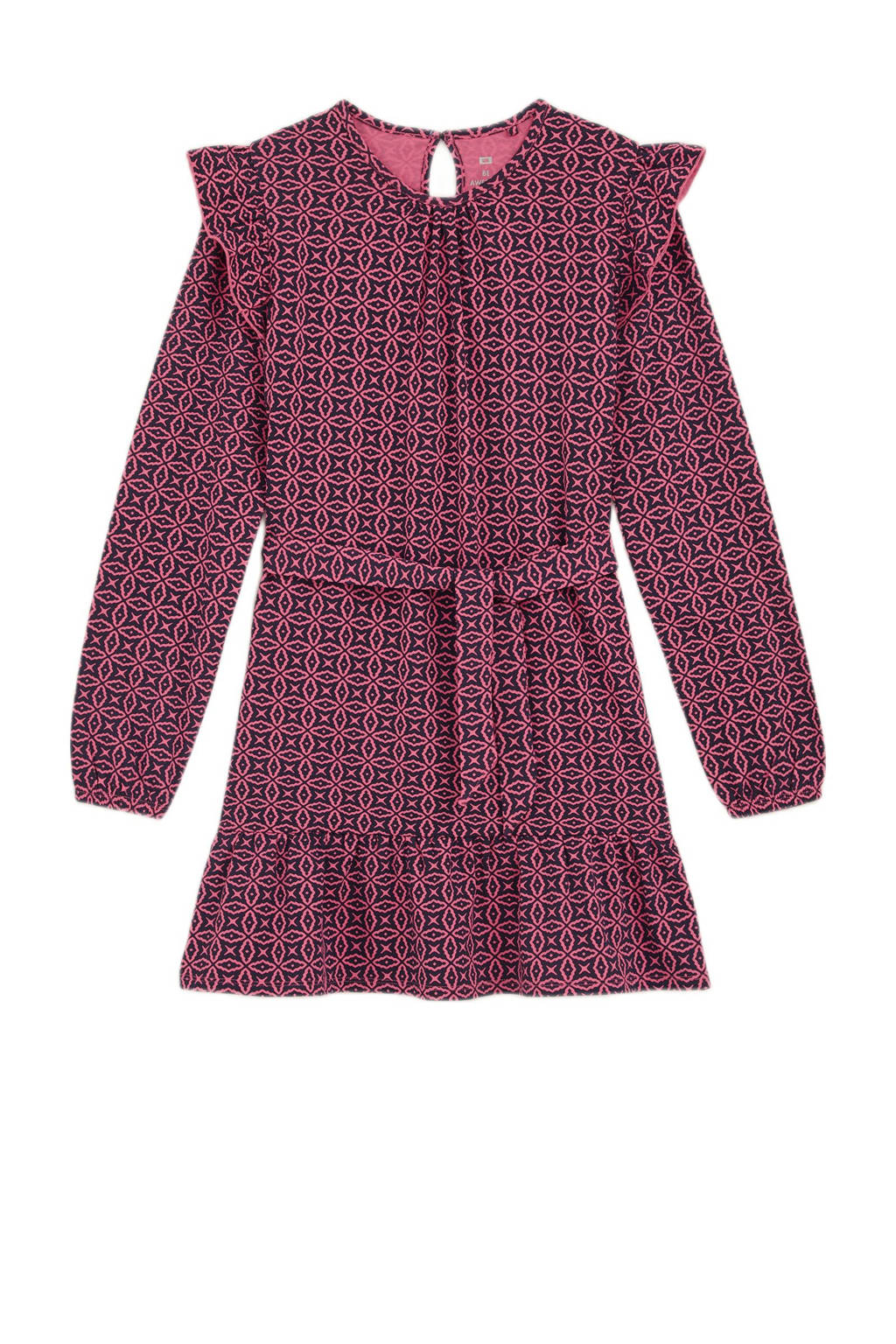 WE Fashion jurk met all over print en ruches donkerblauw/roze