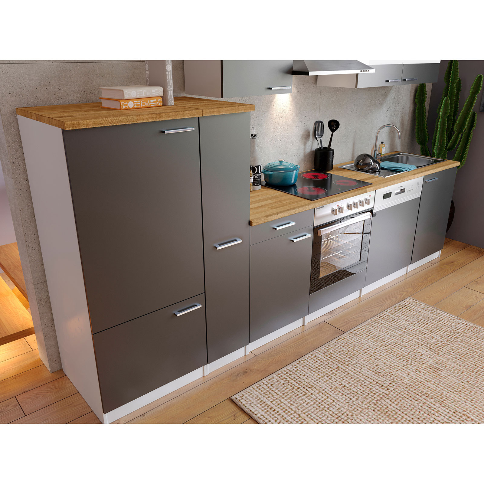 RESPEKTA Küchenblock - grau-weiß - mit E-Geräten - 310 cm