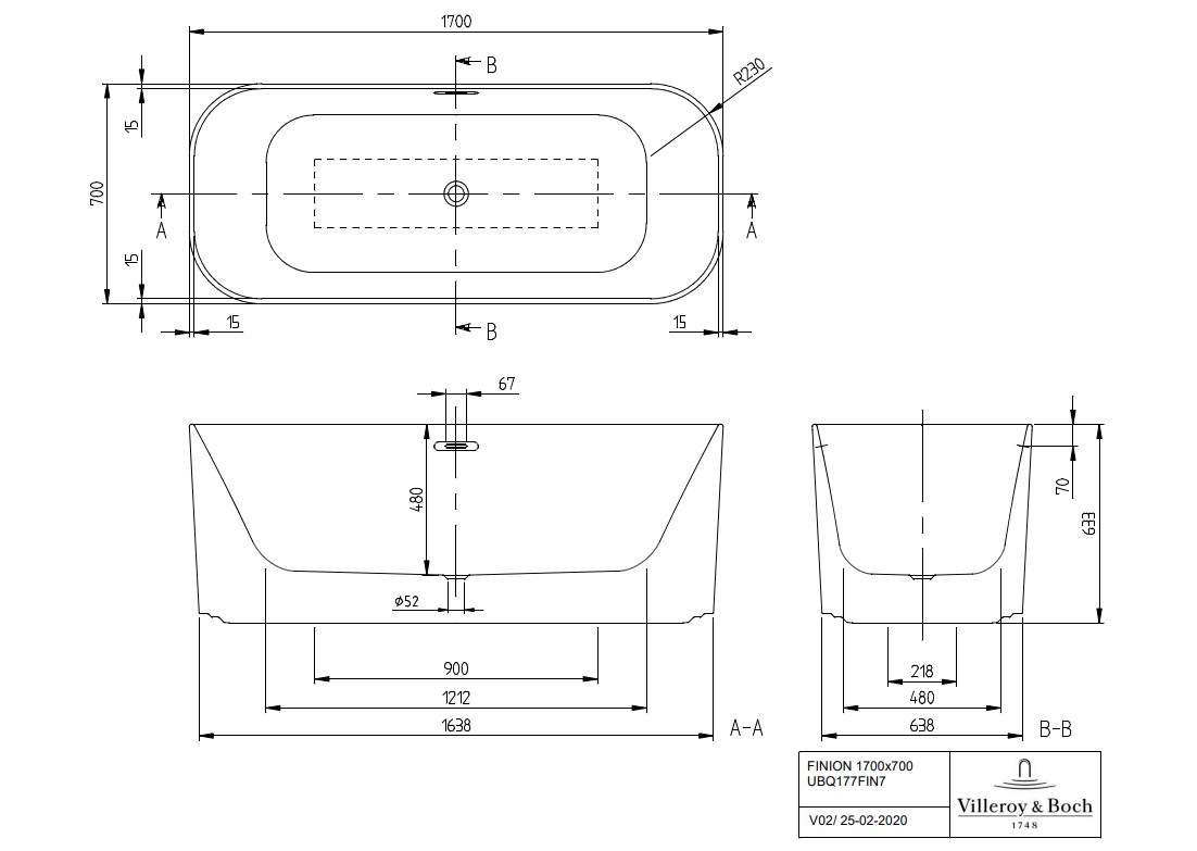 Villeroy & Boch Finion vrijstaand ligbad 170x70cm wit mat met gouden afvoer en overloop
