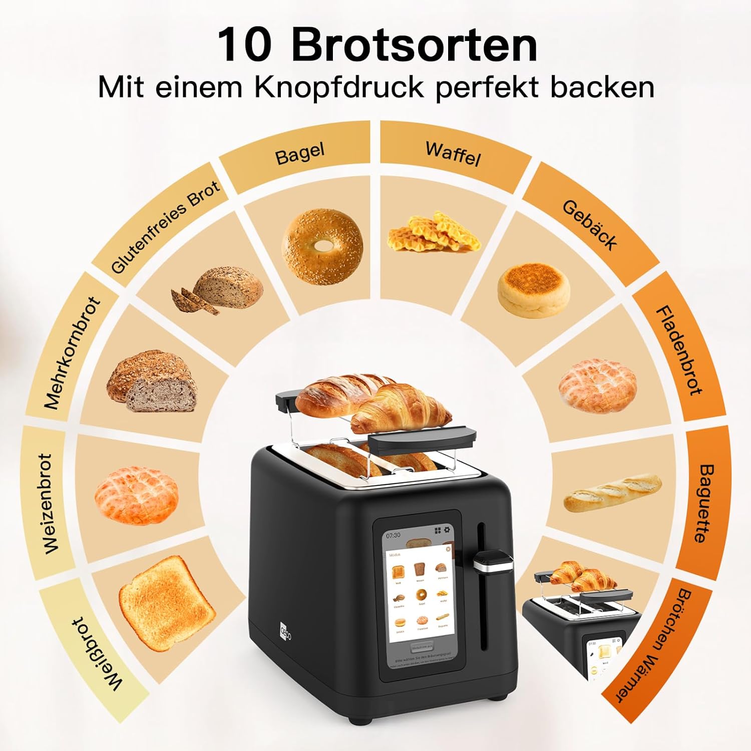 aeco toastlab Elite Toaster 2 Scheiben, Brötchenaufsatz, extra breite Toastschlitze, 6 Bräunungsstufen, 10 Programme, 850W, 5