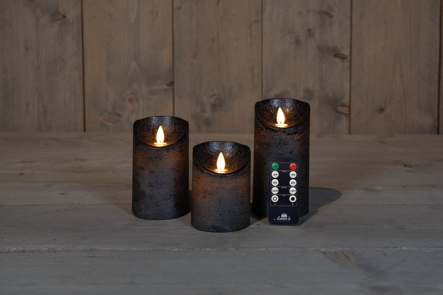 Anna's Collection LED stompkaars Rustiek antraciet D 7,5 H 10 / 12,5 / 15 cm 3 stuks