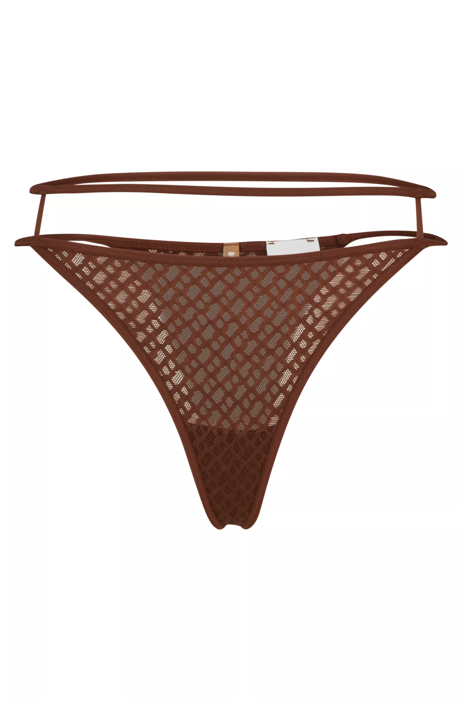 Cueca fio dental preta BOSS com estampa de monograma e detalhes vazados.