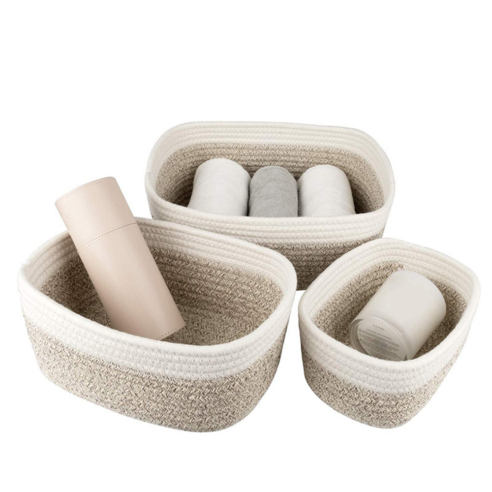 (3er Set) Baumwollseil Home Organizer Korb Deko Aufbewahrungs Tasche für Spielzeug / Accessoires - Braun / Weiss
