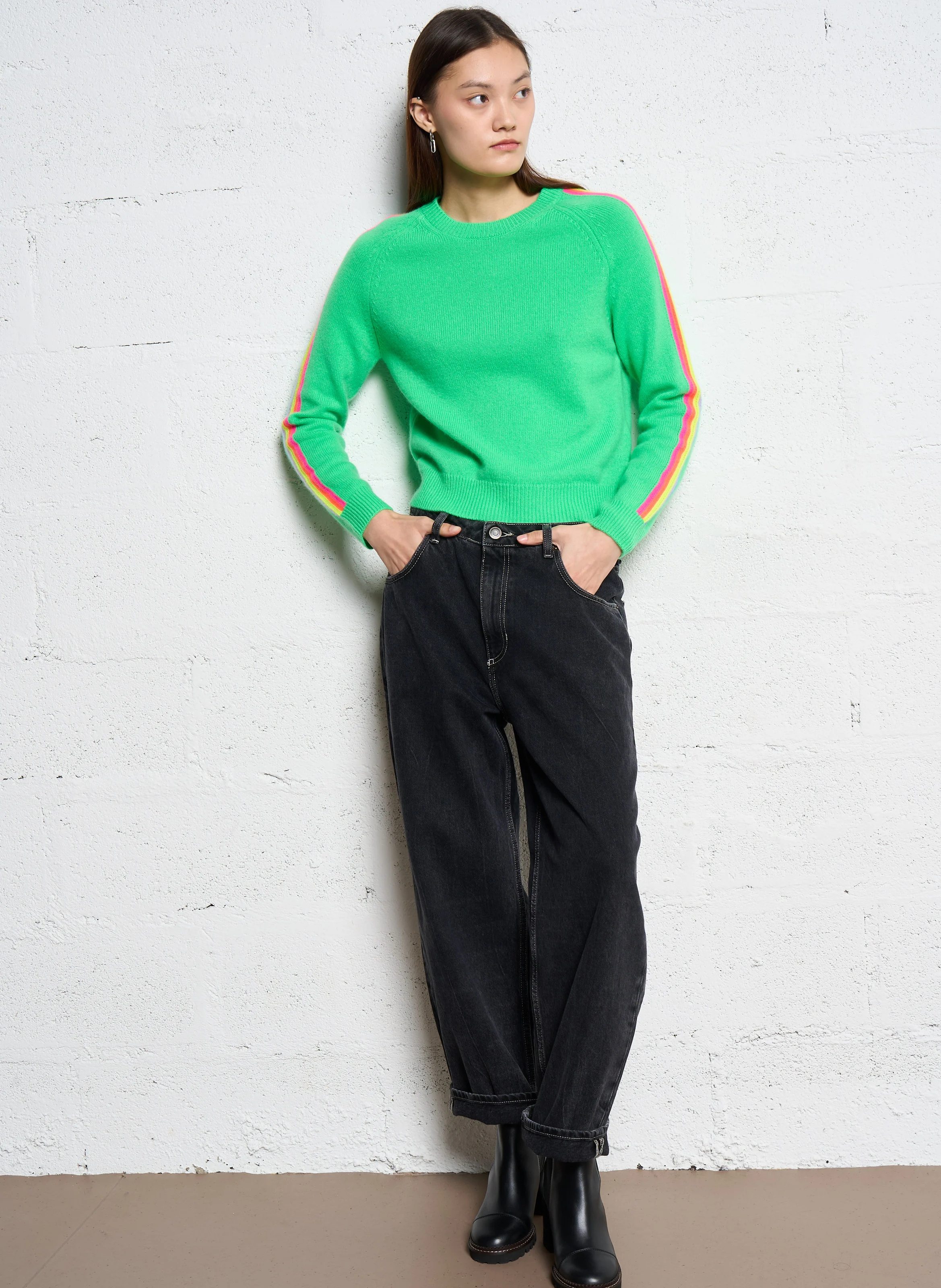 Pull droit col rond rayé en cachemire| Vert