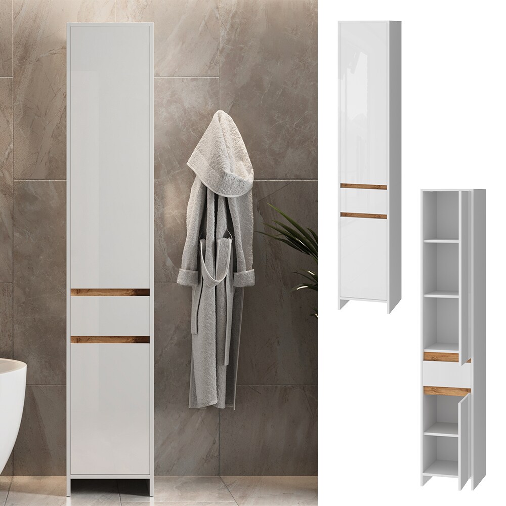 Vicco Badschrank Detmold Weiß Eiche 35 x 190 cm mit 2 Türen und eine Schublade