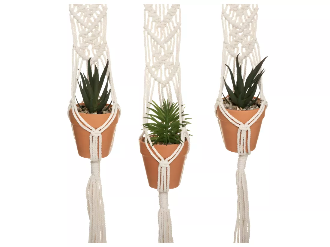 Suspension en Coton 3 Plantes artificielles Pots en Terre cuite H 68 cm