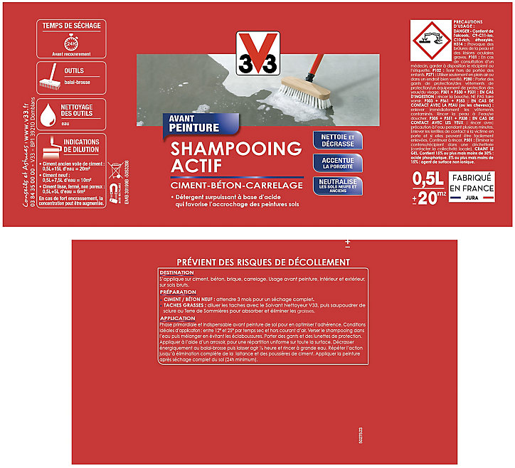 Shampooing intérieur et extérieur sol spécial ciment, béton et carrelage V33 0,5L