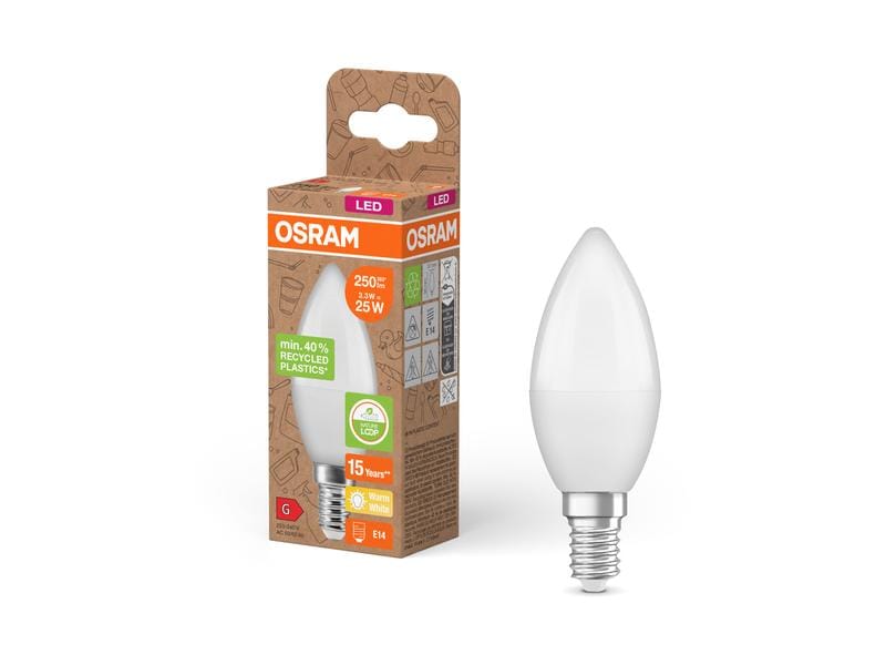 OSRAM LED PCR LAMPS WITH CLASSIC B 3.3W, E14, Warmweiss LED Lampen, klassische B Kolbenform aus recyceltem Plastik