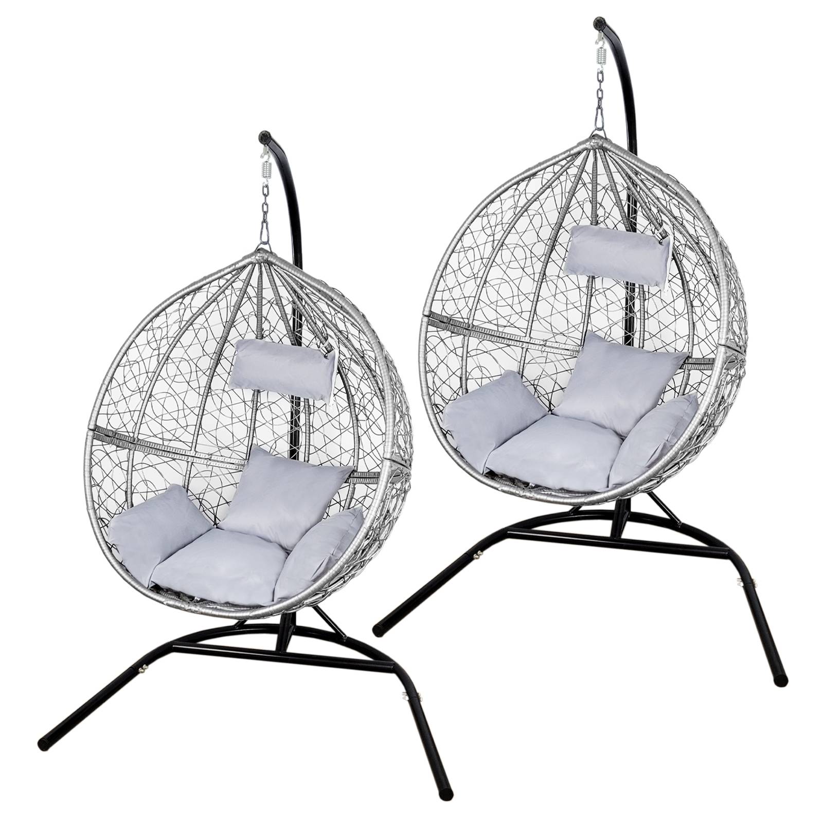 Conjunto de 2 cadeiras suspensas em rattan, modelo Egg Chairs, para uso interno e externo, na cor cinza | com almofadas