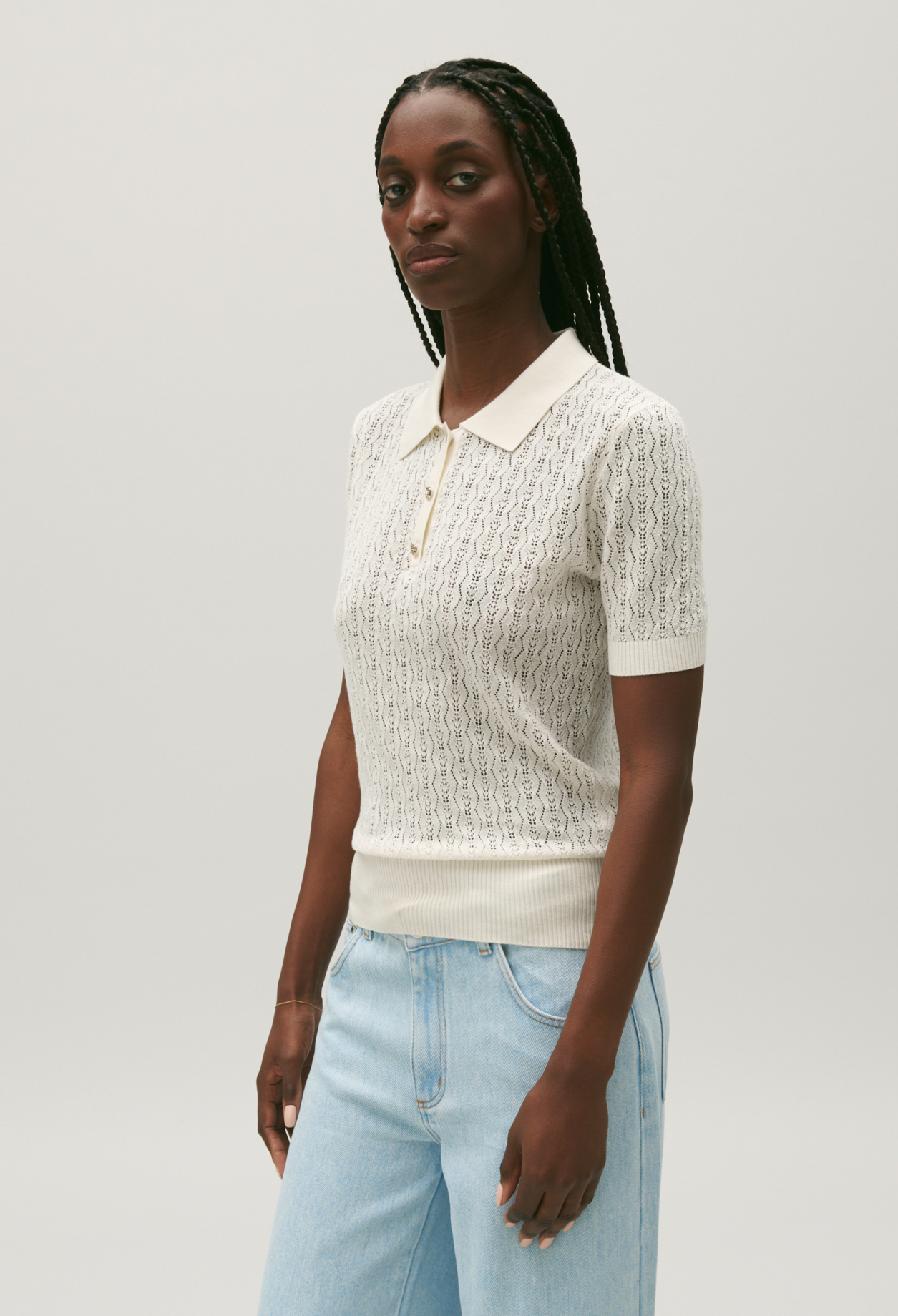 Pull polo maille fine ecru