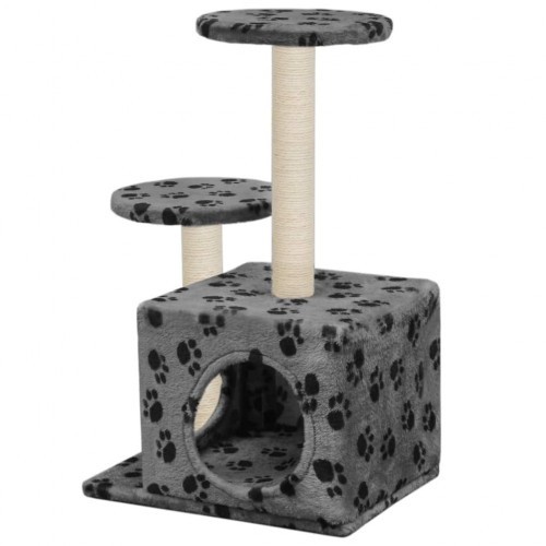 Arranhador para gatos com sisal e estampa de patas cinzentas.
