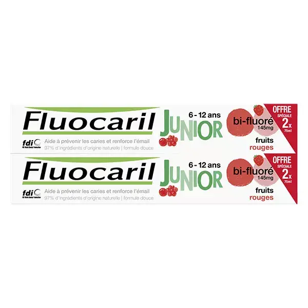 Fluocaril Junior 6-12 anos Creme dental em gel sabor frutas vermelhas, pacote com 2 unidades de 75ml
