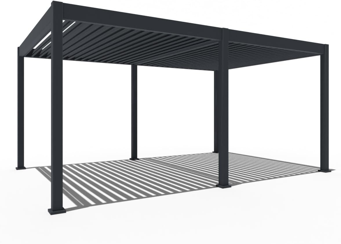 Pavillon Pergola 3,6x5,3m Terassenüberdachung freistehend mit Lamellendach elektrisch verstellbar LED Gartenpavillon wasserdicht stabil Winterfest Aluminium Weide Deluxe mit Fernbedienung Anthrazit