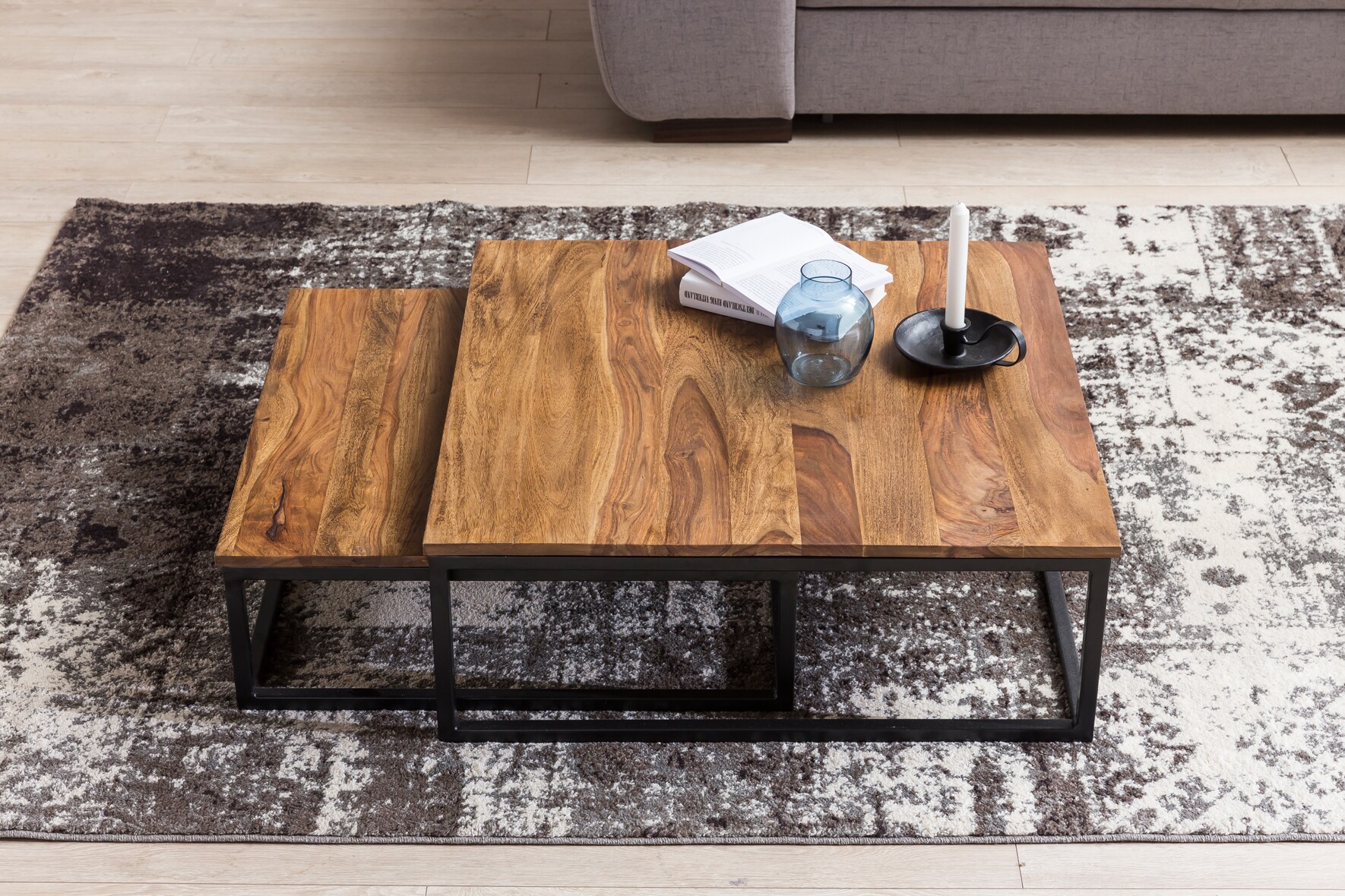 Couchtisch 2 teilig Massivholz Wohnzimmertisch Sheesham Lounge Tisch 75 x 75 cm