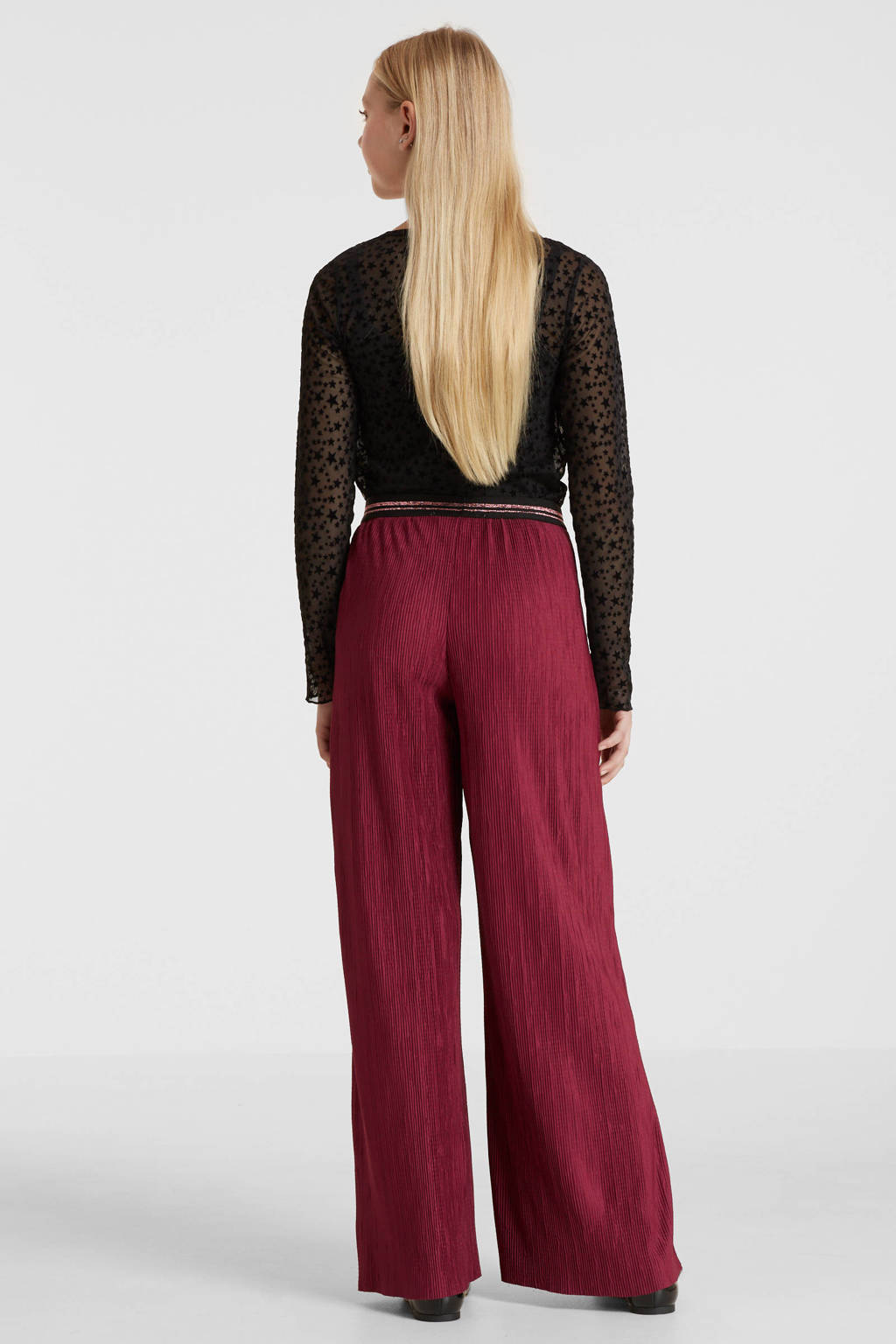 anytime plisse wide leg broek bordeauxrood