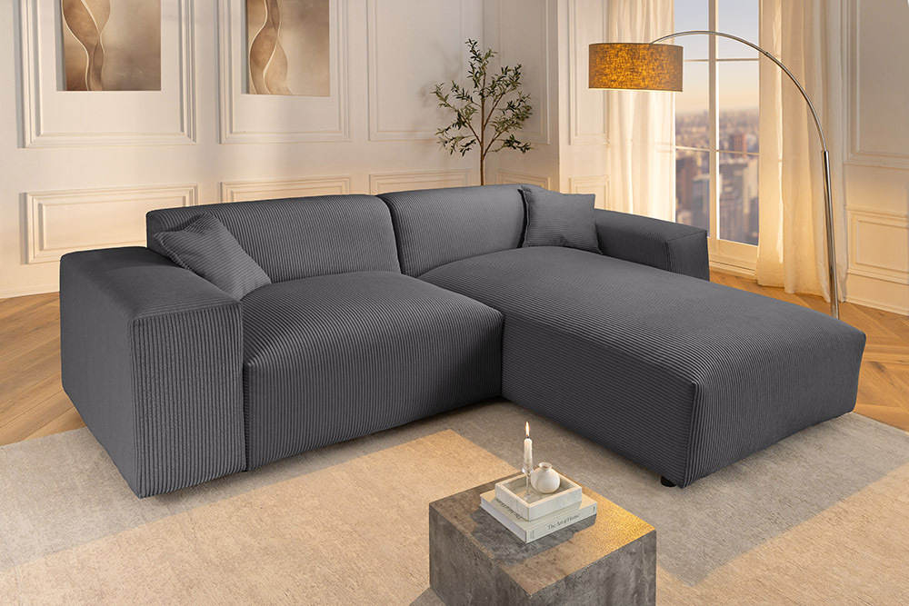 Modernes Ecksofa SIGNATUR 260cm anthrazit Cord beidseitig stellbar inkl. Kissen