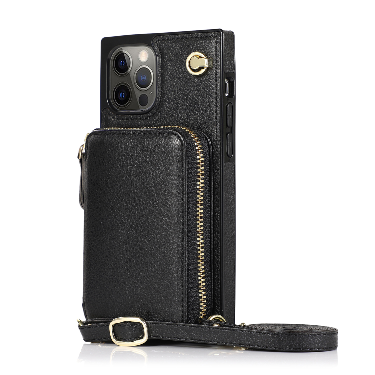 iPhone 12 / iPhone 12 Pro Necklace Leder Schutz Hülle mit Kartenfächer   Handykette (140cm) - Schwarz