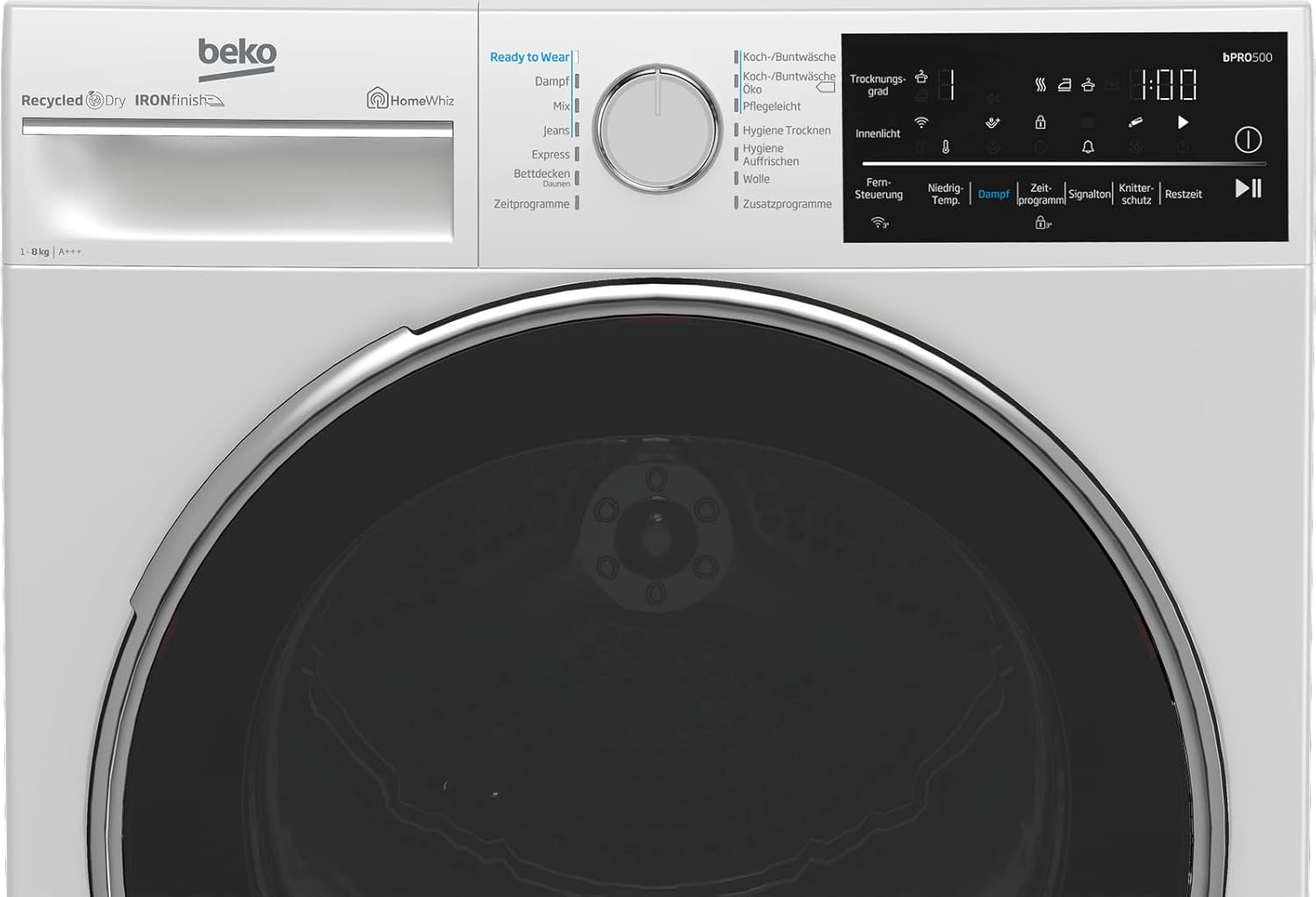 Beko B5T62243W Wäschetrockner 8 kg, Frontlader Wärmepumpentrockner, Allergikergeeignet, 14 Programme, IronFinish, Digitales Display, Bluetooth & WiFi, Weiß