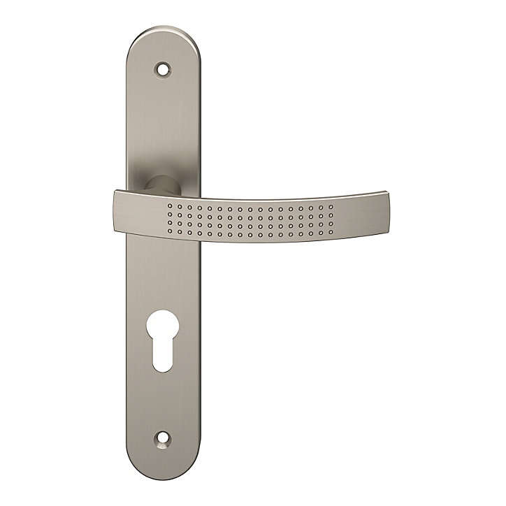 Ensemble poignée sur plaque rondcylindre GoodHome Diss effet nickel satin gris L.139mm x l.40mm entraxe 195mm