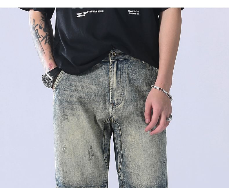 Phoneus - Mid Rise Washed Wide Leg Denim Shorts