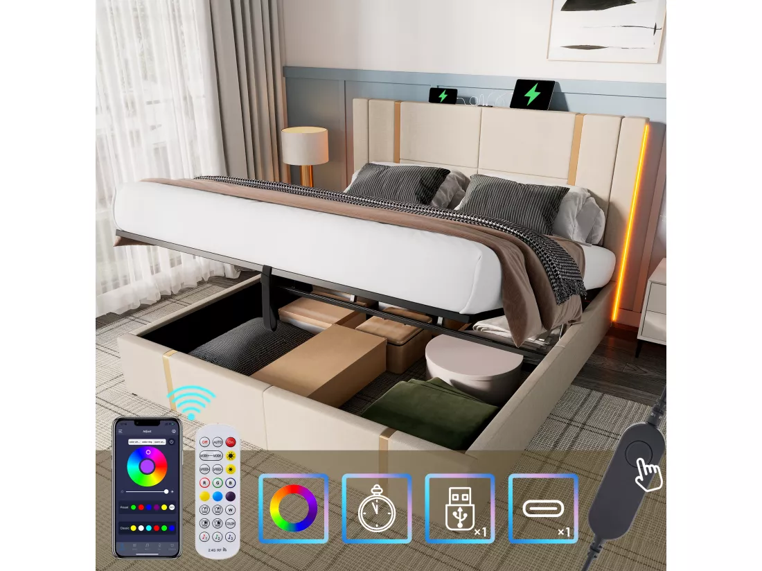 Lit coffre 140 x 200 cm avec tête de lit - Prises USB et Type-C - LEDs - Tissu en lin - Beige (sans matelas)