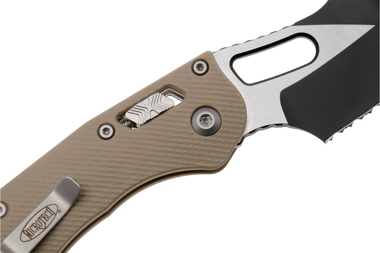 Microtech Stitch 169RL-2FLGTTA, Two Tone M390MK, Fluted Tan G10 partial serrated zakmes, Borka Blades design