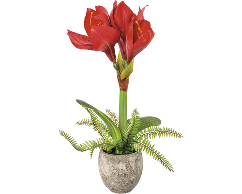 Kunst amaryllis plant in cementen pot, 35 cm hoog, rood