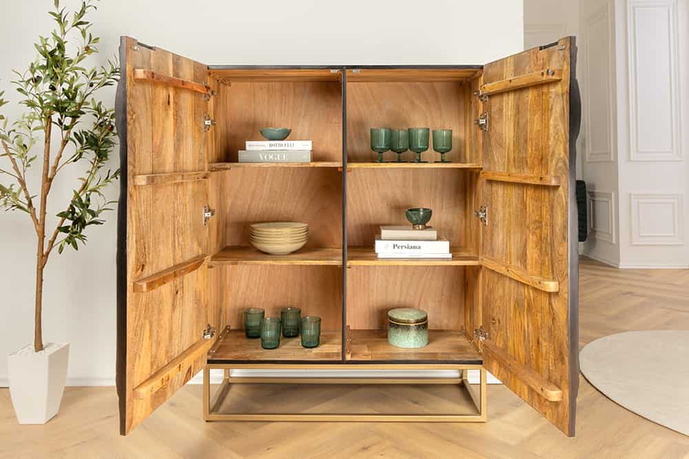 Massives Highboard SNAKE 120cm schwarz gold Mangoholz Schlangen-Design mit aufwendigen 3D Schnitzereien