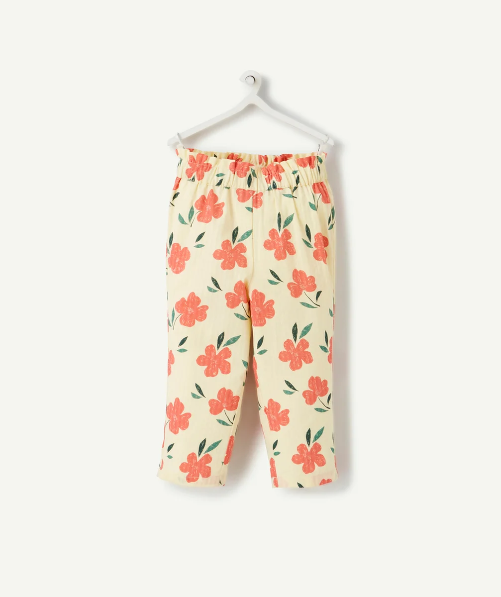 PANTALON FLUIDE BÉBÉ FILLE JAUNE EN COTON IMPRIMÉ AVEC FLEURS