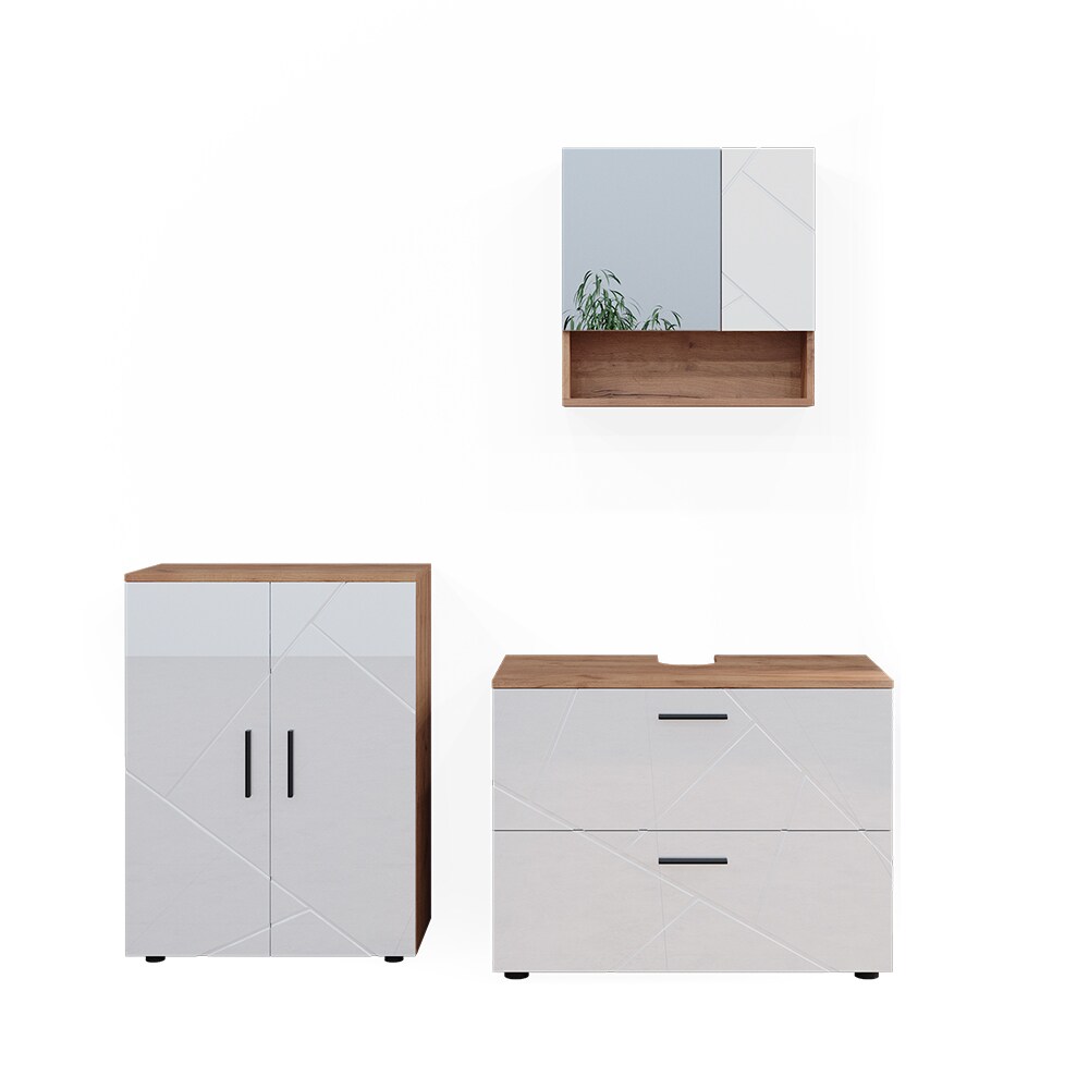Vicco Badmöbelset Irma Eiche Weiß Hochglanz modern Badezimmerschrank Badschrank Badezimmermöbel Waschtischunterschrank Spiegelschrank Kommode Schranktür Schrankschublade Schrankfach