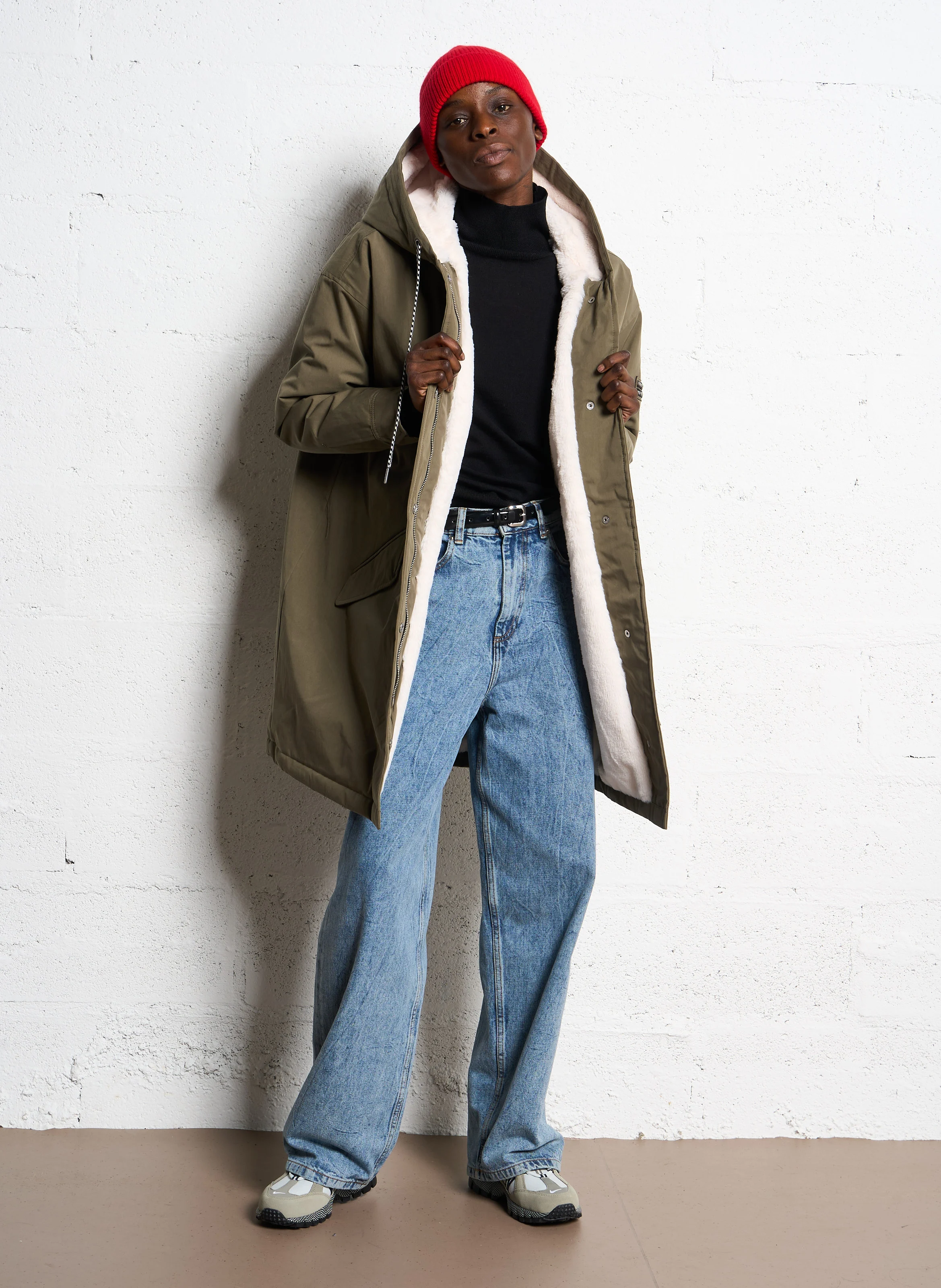 Parka droite à capuche en coton | Kaki