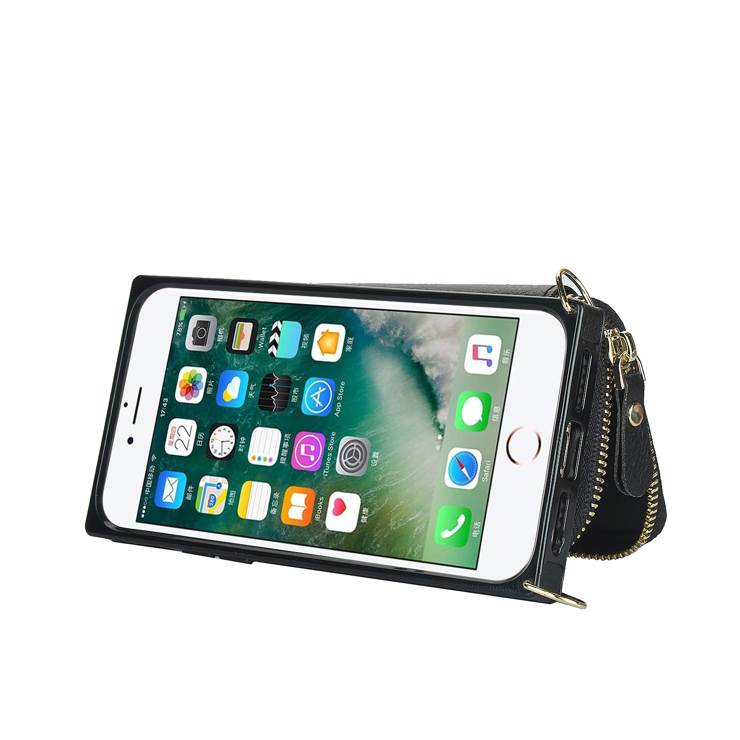 iPhone SE (2022/2020) / 8 / 7 / 6S Necklace Leder Schutz Hülle mit Kartenfächer   Handykette (140cm) - Schwarz