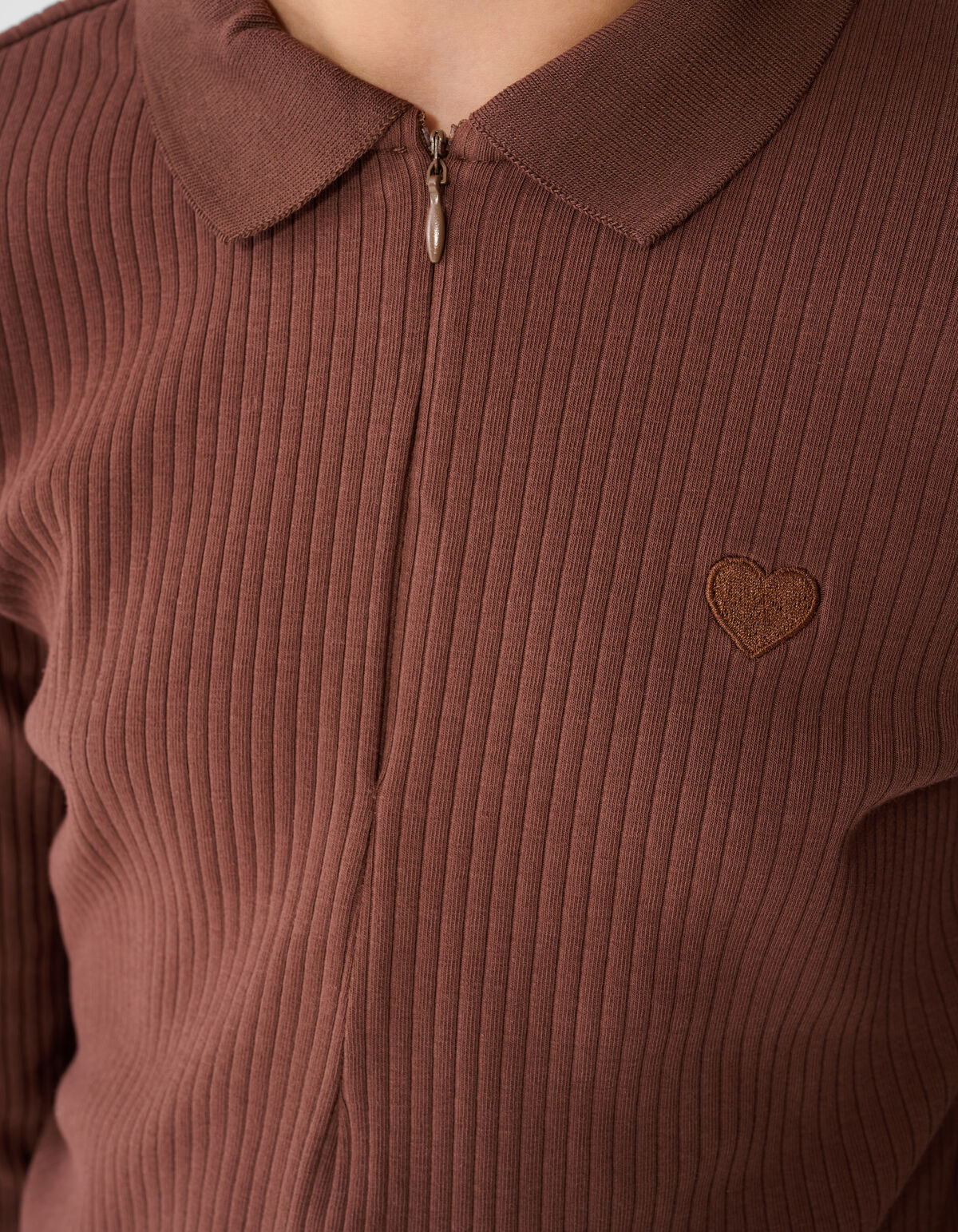 Collar Zip Longsleeve Top Donkerbruin
