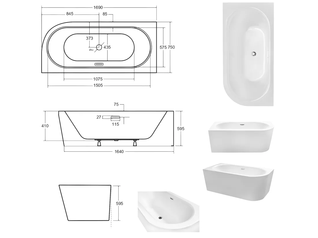 Baignoire d'angle Noir et Blanc + Siphon noir et Vidage inclus + Repose tête - AVITA S CLASSE - GAUCHE - 170 x 75 cm