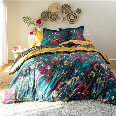 Linge de lit percale motif fleurs et paons - BECQUET CRÉATION