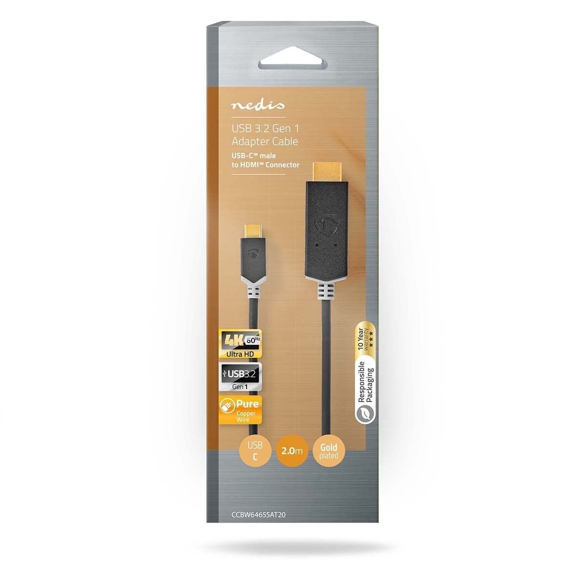 Nedis USB-C™ Adapter | USB 3.2 Gen 1 | USB-C™ Hann | HDMI ™ -kontakt | 4K@60Hz | 2.00 m | Rund | Gull belagt | PVC | Antrasitt | Boks