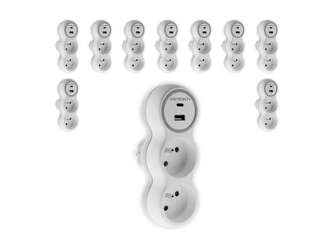 Lot de 10 prises 2x16A + 2 ports USB A/C - Blanc et Gris - Bolea - Zenitech