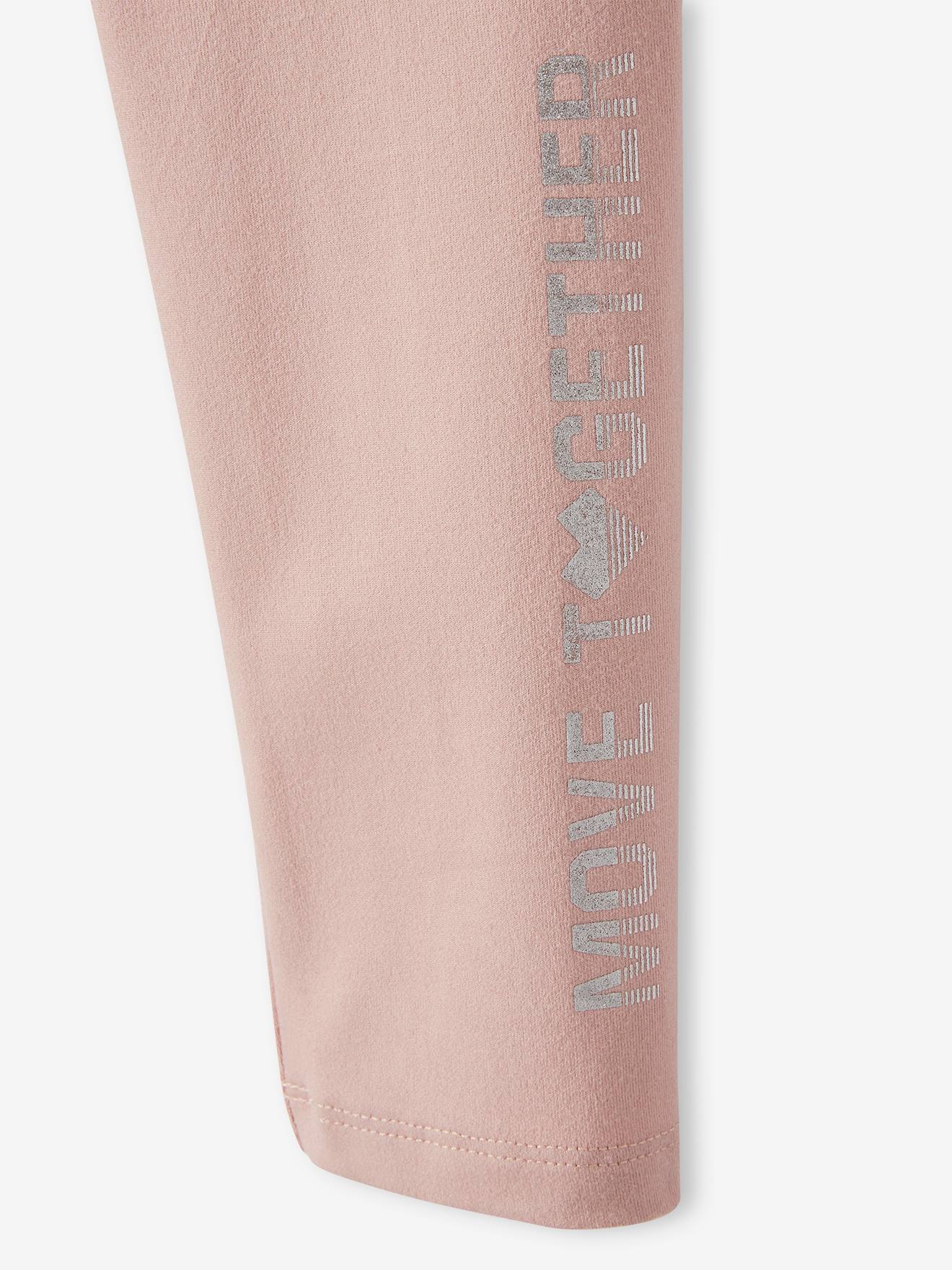 Leggings esportivas lisas rosa claro para meninas com letras metálicas na perna.