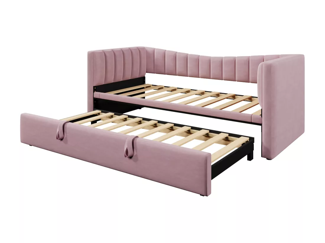 Canapé-lit capitonné 90 x 200 cm / 180 x 200 cm - avec lit gigogne - velours - rose (matelas non inclus)