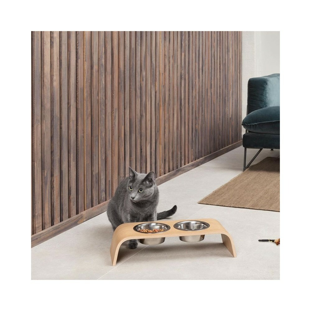 Gero - set de 2 gamelles surélevées en acier, socle bois chêne