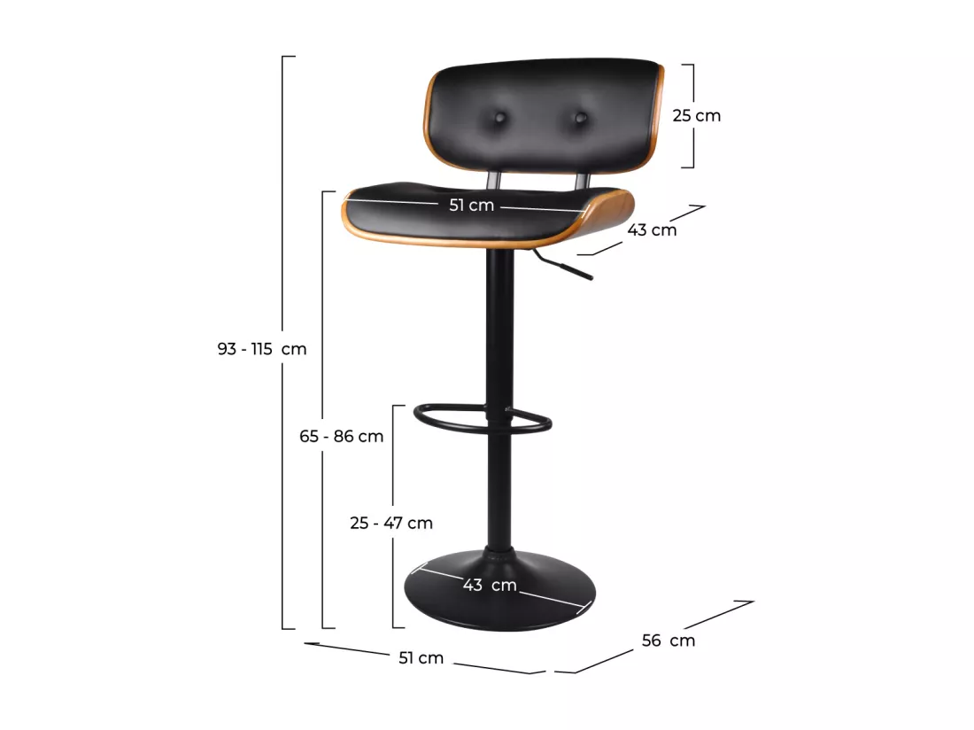 Chaise de bar réglable 65/86 cm en cuir synthétique noir - Melchior