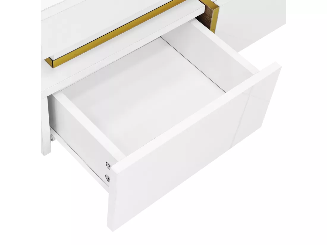 Table basse 70x70cmx35.5, table carré haute brillance avec tiroirs et accents dorés, blanc