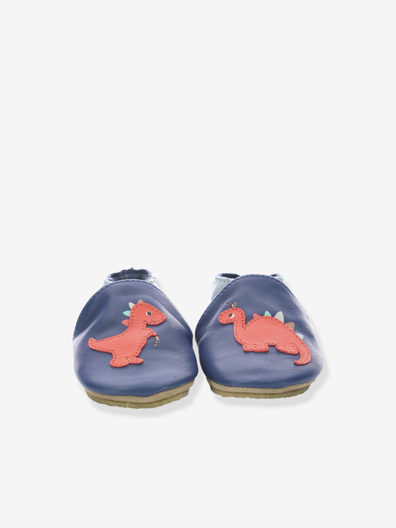 Pantufas de bebê ROBEEZ© Dino Time em couro leve, azul escuro liso com estampas.